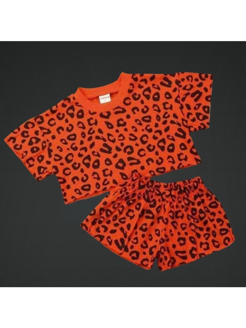 Girls Orange Leopard Print Top & Shorts Outfit Set Size 6T
